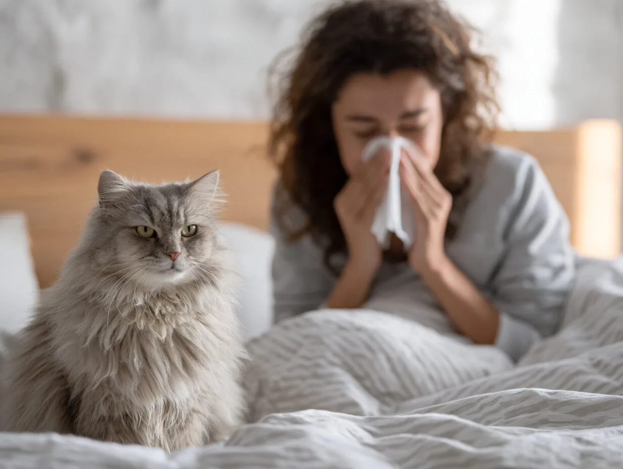 Femme &eacute;ternuant dans son lit avec un chat &agrave; proximit&eacute; &ndash; illustration des risques allergiques li&eacute;s au fait de dormir avec son chat.
