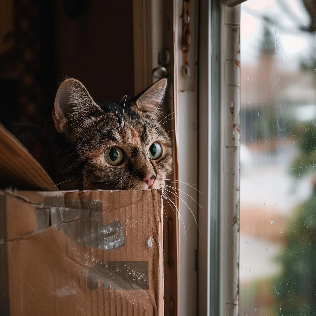 Un chat cach&eacute; dans une boite en carton
