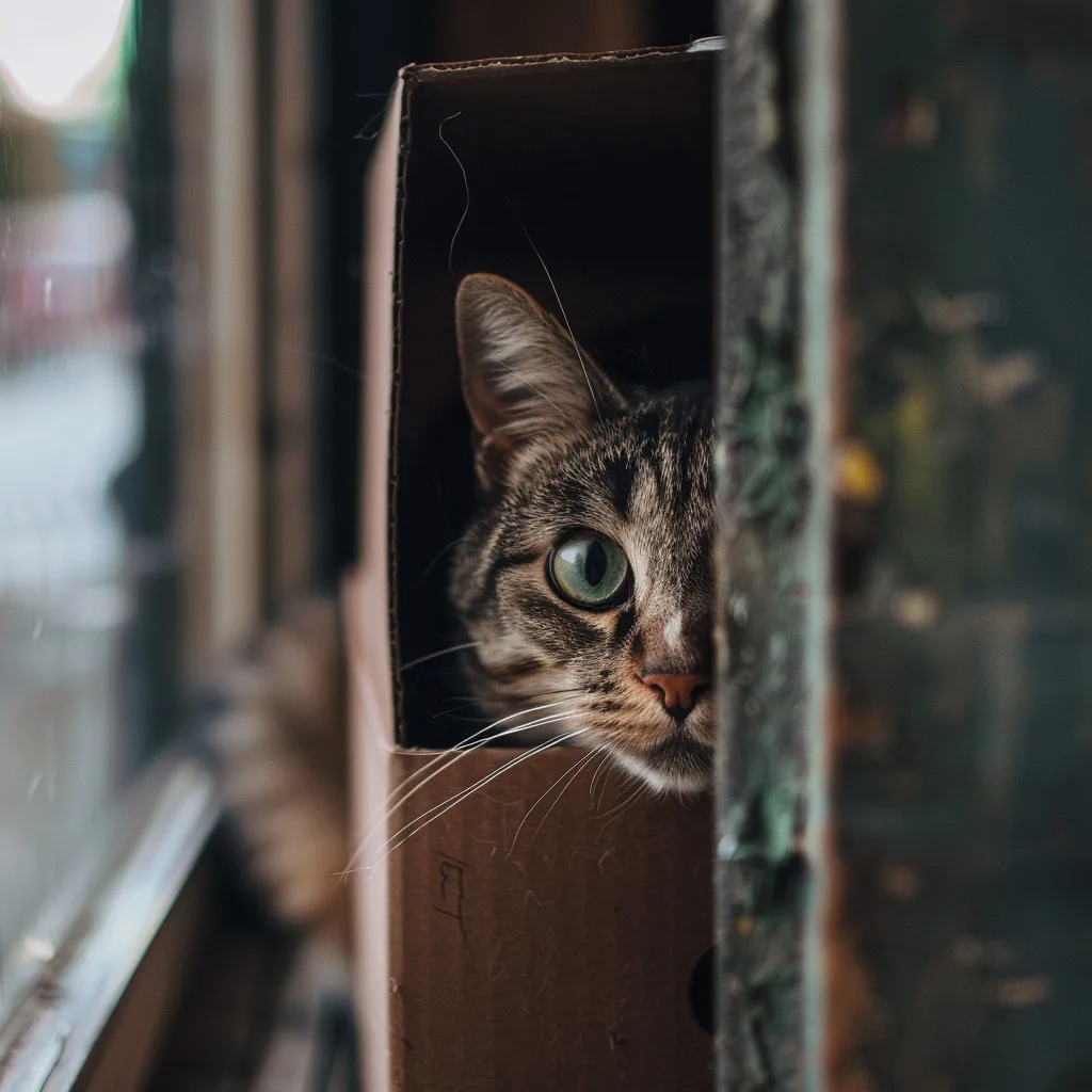 Un chat cach&eacute; dans une boite en carton