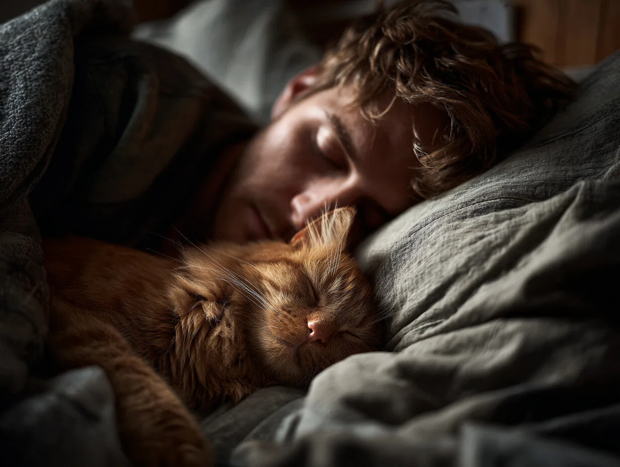 Chat roux couch&eacute; contre le torse d&rsquo;un homme endormi &ndash; illustration du sentiment de s&eacute;curit&eacute; apport&eacute; par la pr&eacute;sence du chat.