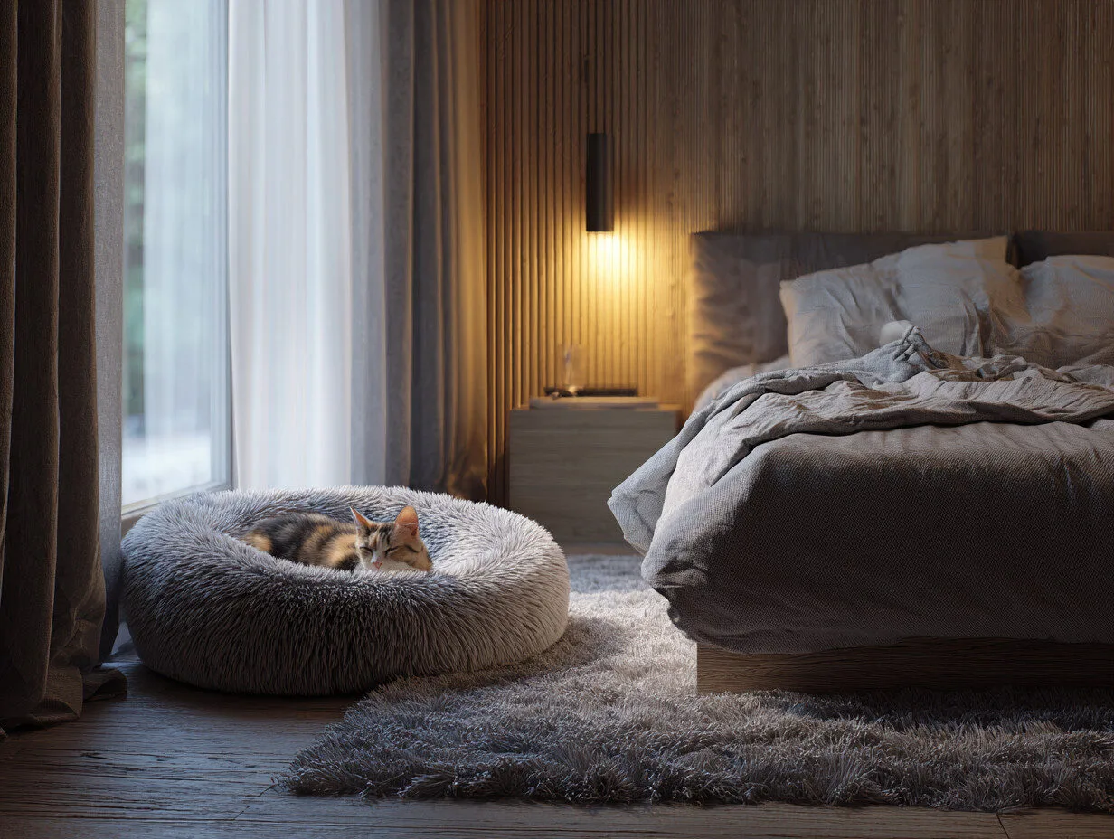 Chat dormant dans son panier au pied d&rsquo;un lit &ndash; solution douce pour pr&eacute;server le sommeil tout en gardant le chat proche.