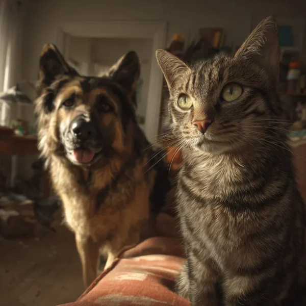 Chat tabby regardant son maître avec jalousie alors qu’un chien reçoit des caresses – image illustrant la jalousie entre chat et chien.