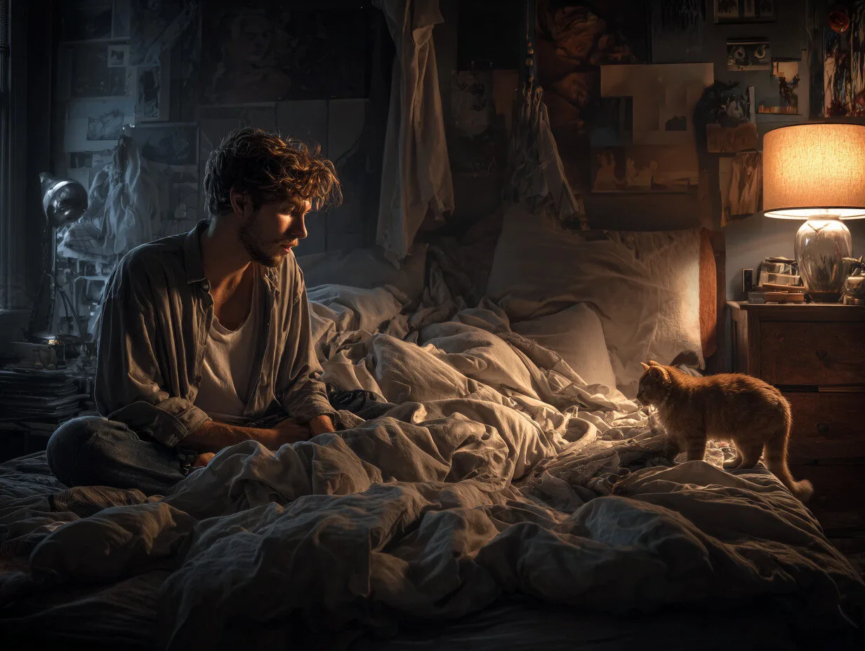Homme r&eacute;veill&eacute; en pleine nuit par un chat actif &ndash; sc&egrave;ne illustrant les troubles du sommeil caus&eacute;s par un chat.