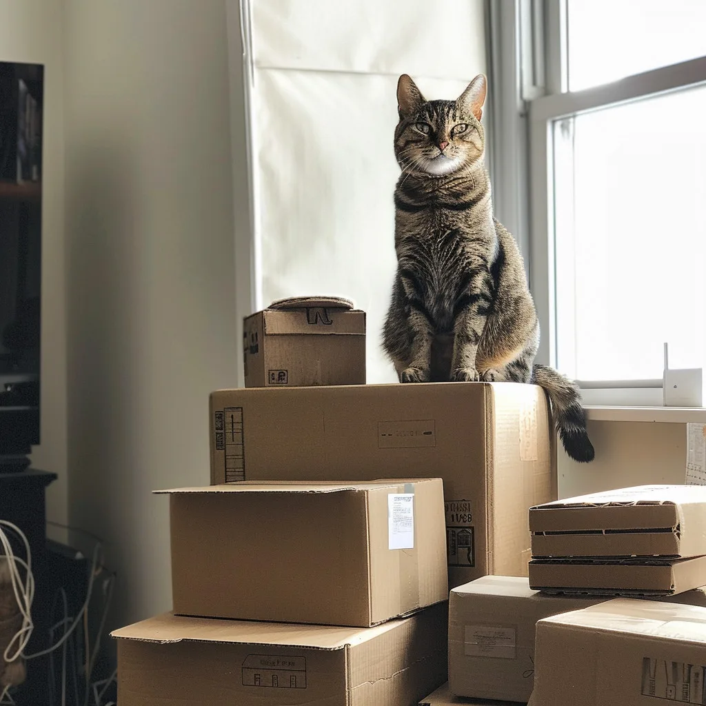 Un chat sur une boite en carton