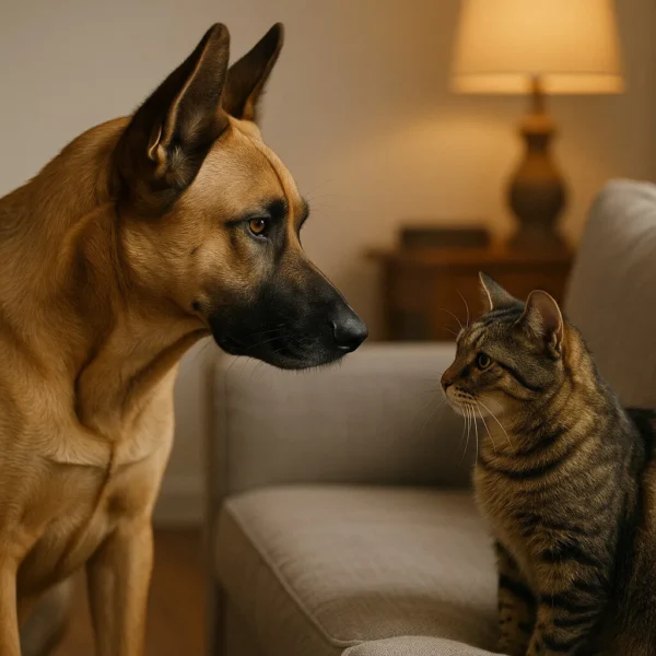 Chien de grande taille observant un chat méfiant dans un salon – illustration d’une cohabitation difficile entre races incompatibles.