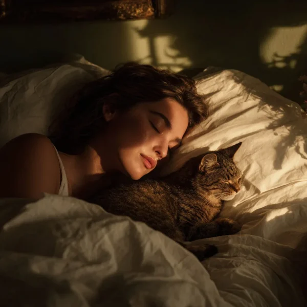 Femme endormie avec un chat tabby blotti contre elle dans un lit – image représentant les bienfaits du sommeil partagé avec un chat.