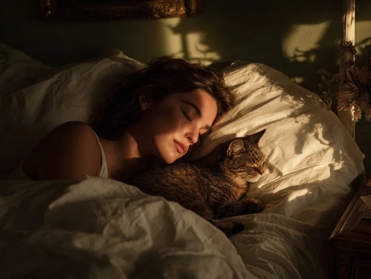 Femme endormie avec un chat tabby blotti contre elle dans un lit – image représentant les bienfaits du sommeil partagé avec un chat.